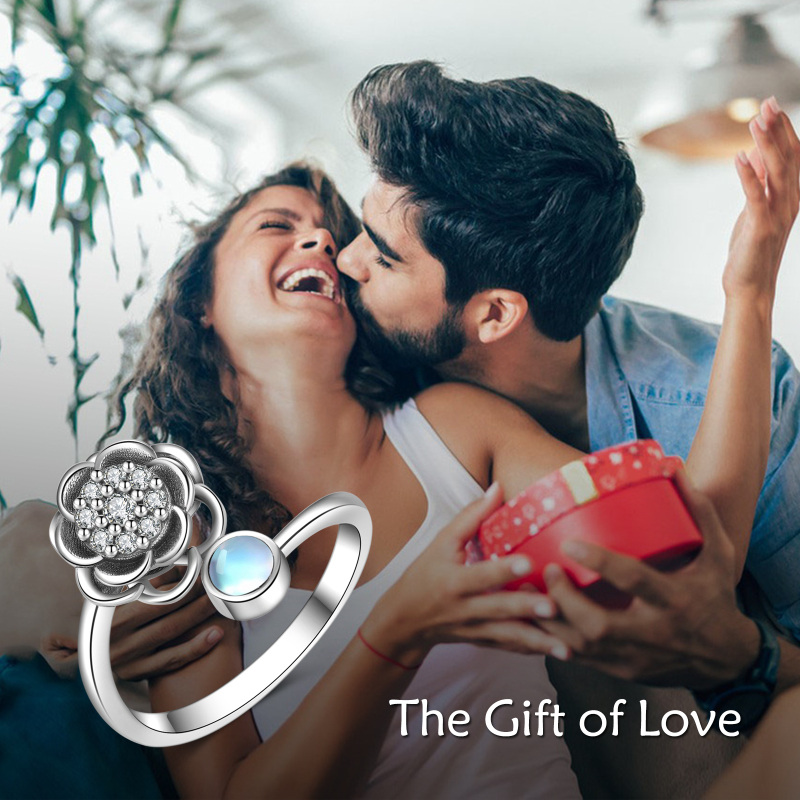 Sterling Silver Round Shaped Moonstone Rose Spinner Ring-6