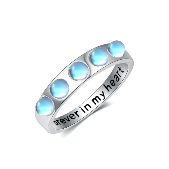 Sterling Silver Circular Shaped Moonstone Round/Spherical Ring with Engraved Word