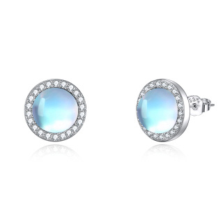 Sterling Silver Circular Shaped Cubic Zirconia & Moonstone Round Stud Earrings-9