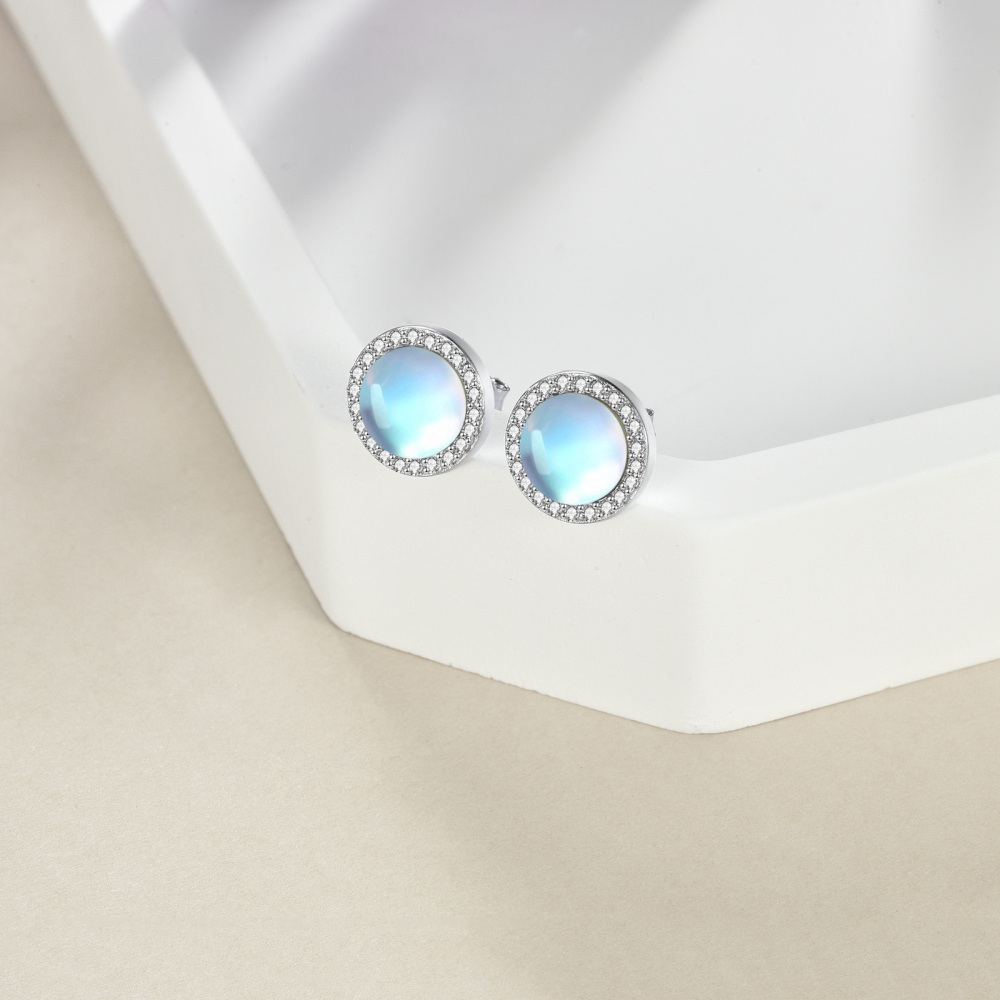 Sterling Silver Circular Shaped Cubic Zirconia & Moonstone Round Stud Earrings-3