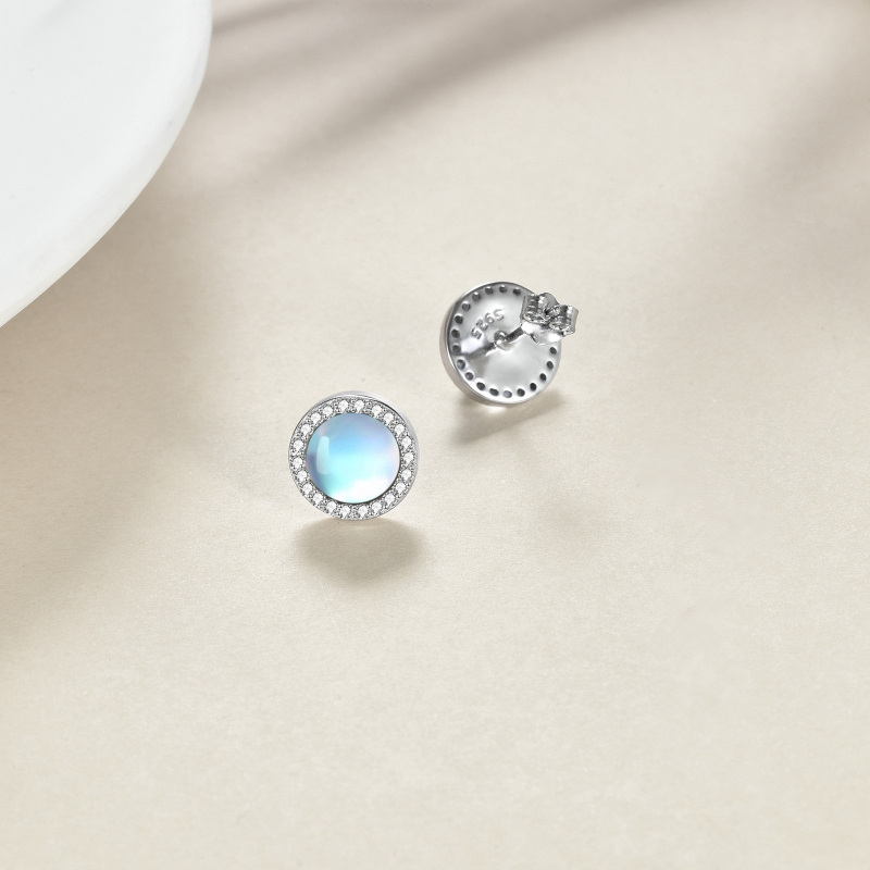 Sterling Silver Circular Shaped Cubic Zirconia & Moonstone Round Stud Earrings-4