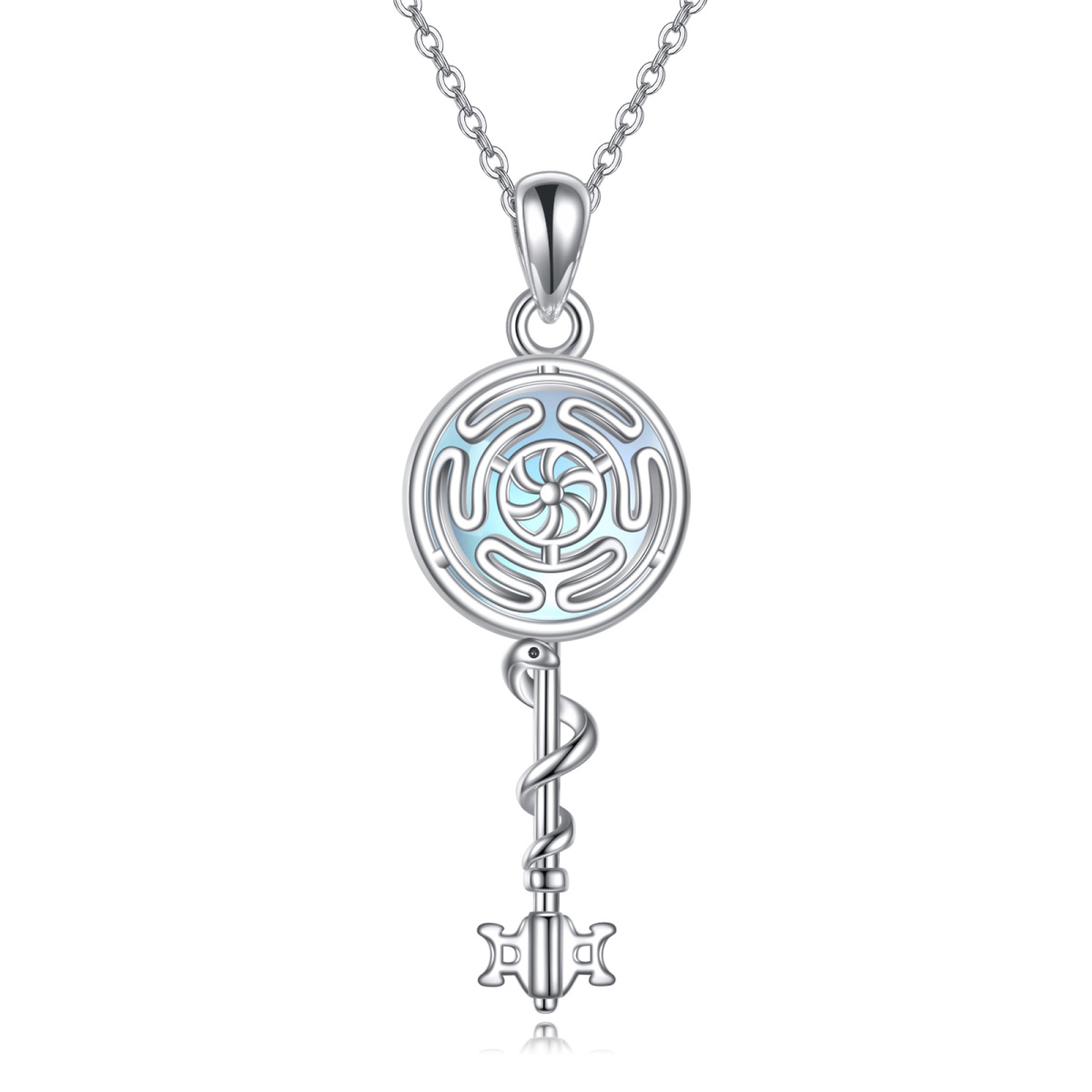 Collier en argent sterling avec pendentif serpent et clé en pierre de lune de forme circul-1