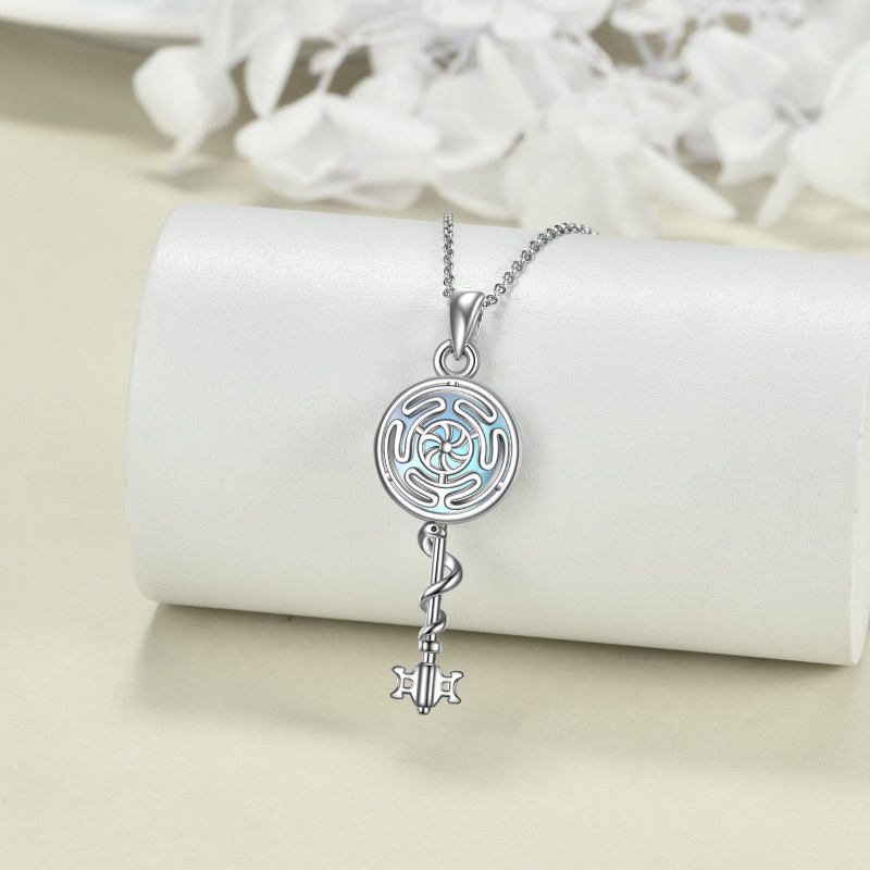 Sterling Silver Circular Shaped Moonstone Snake & Key Pendant Necklace-2