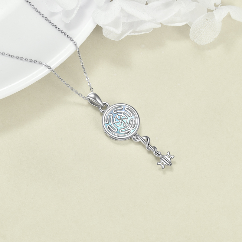 Sterling Silver Circular Shaped Moonstone Snake & Key Pendant Necklace-3