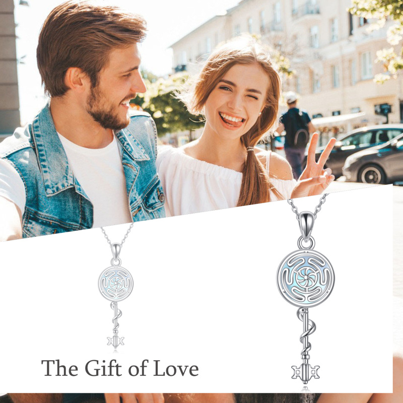 Sterling Silver Circular Shaped Moonstone Snake & Key Pendant Necklace-5