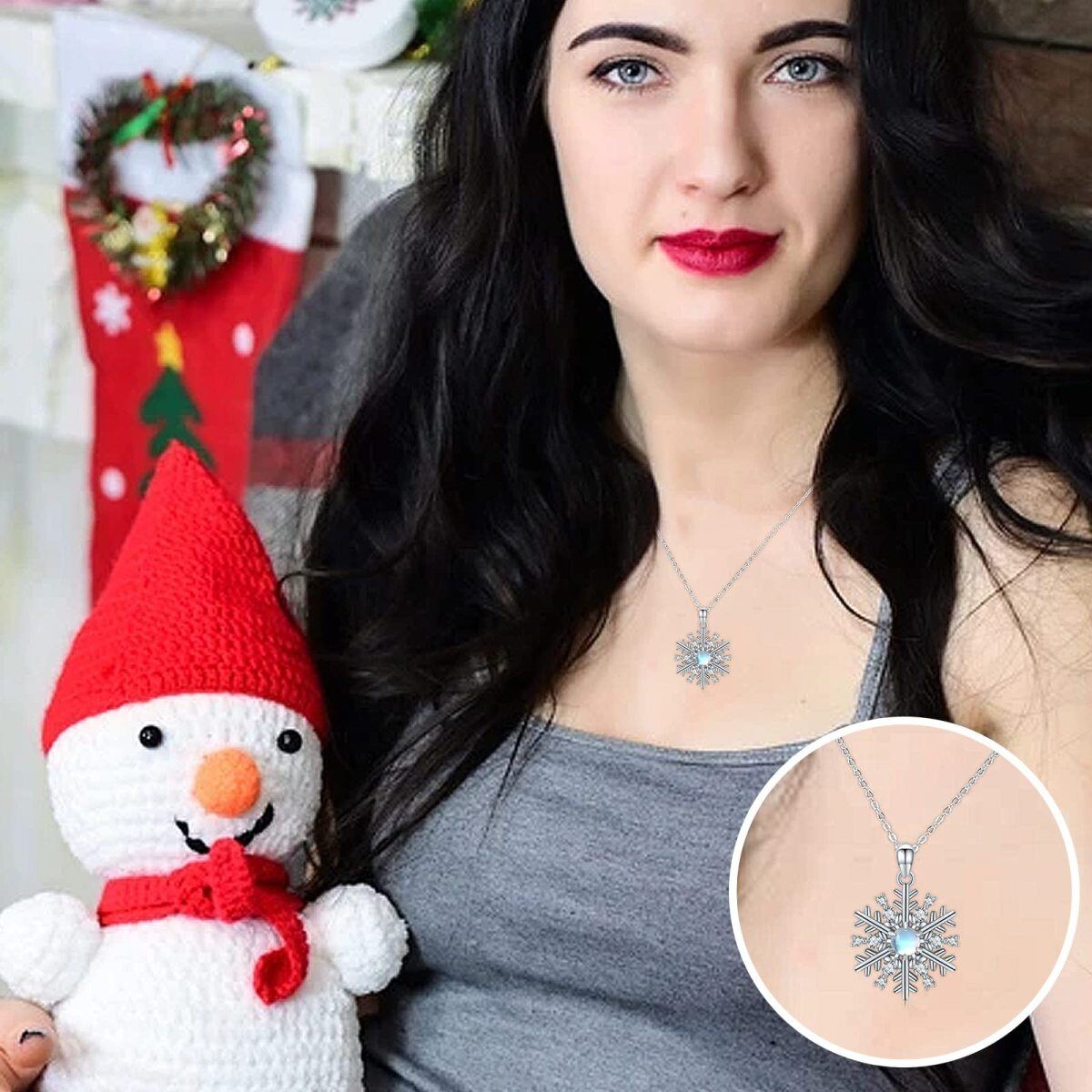 Sterling Silver Circular Shaped Moonstone & Cubic Zirconia Snowflake Pendant Necklace-3