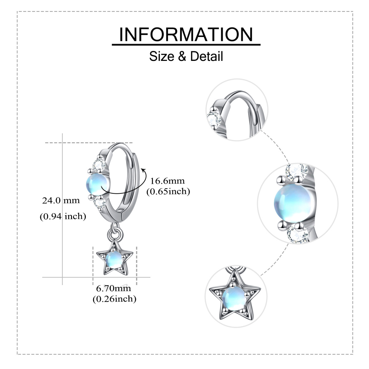 Sterling Silver Circular Shaped Moonstone Star Drop Earrings-5