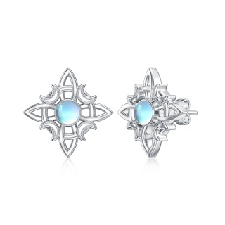 Sterling Silver Circular Shaped Moonstone Star & Witch Knot Stud Earrings-8