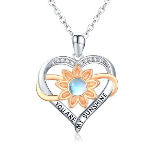 Sterling Silver Circular Shaped Moonstone Sunflower & Heart Pendant Necklace with Engraved Word