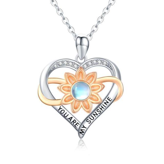 Sterling Silver Circular Shaped Moonstone Sunflower & Heart Pendant Necklace with Engraved Word-5