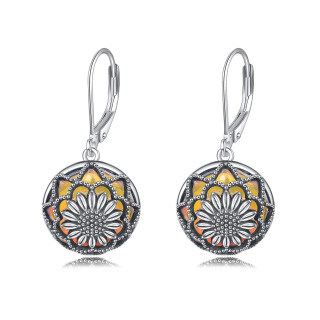 Sterling Silver Circular Shaped Moonstone Sunflower Lever-back Earrings-2