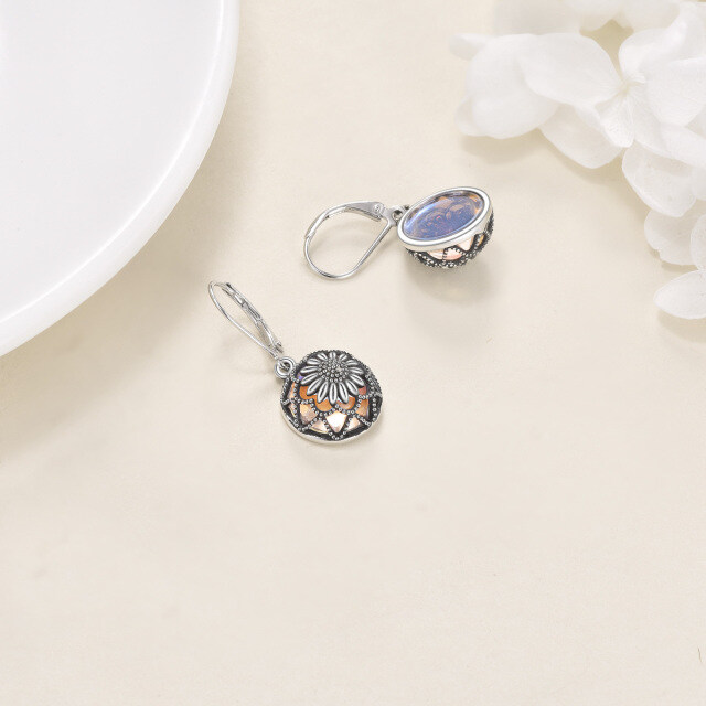 Sterling Silver Circular Shaped Moonstone Sunflower Lever-back Earrings-4