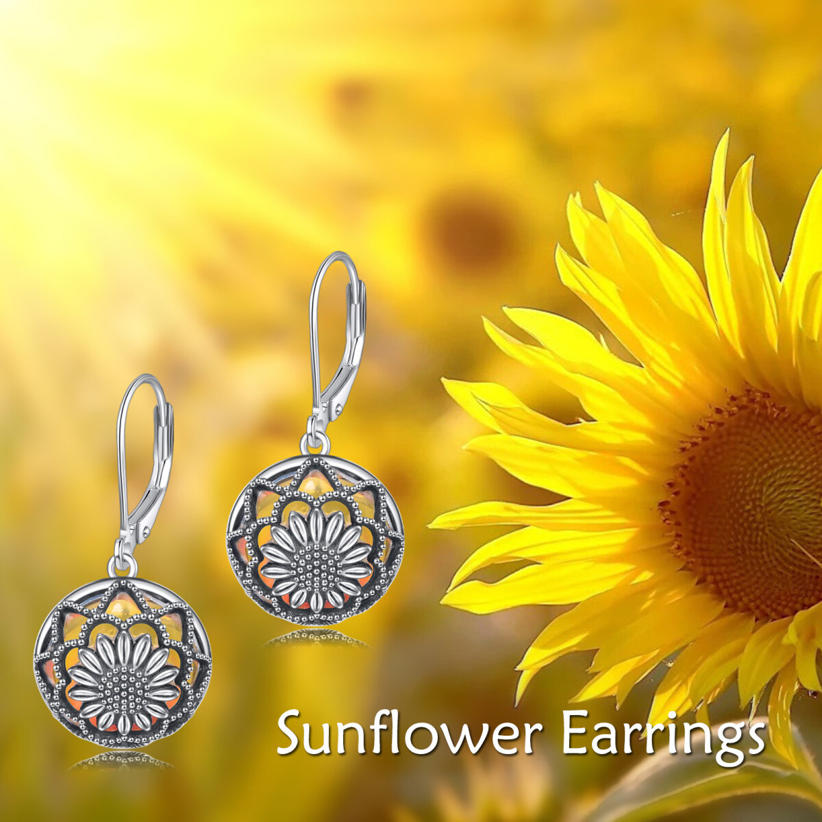 Sterling Silver Circular Shaped Moonstone Sunflower Lever-back Earrings-6