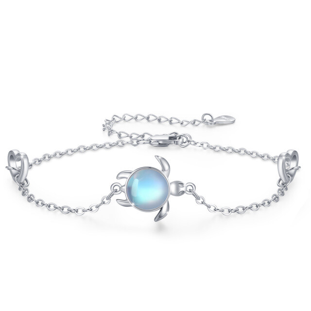 Sterling Silver Circular Shaped Moonstone Tortoise & Heart Pendant Bracelet