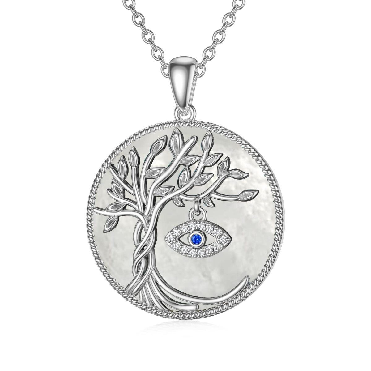 Collana in argento sterling con ciondolo circolare a forma di albero della vita e malocchio in pietra lunare-1