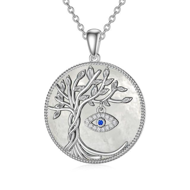 Sterling Silver Circular Shaped Moonstone Tree Of Life & Evil Eye Pendant Necklace-1