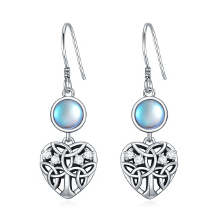 Sterling Silver Cubic Zirconia Moonstone Tree Of Life And Heart Drop Earrings For Women-37