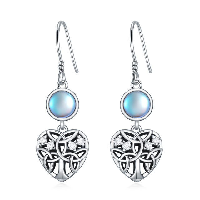 Sterling Silver Circular Shaped Cubic Zirconia & Moonstone Tree Of Life & Heart Drop Earrings