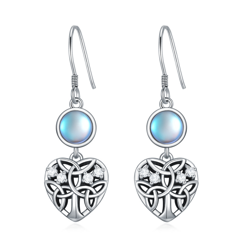Sterling Silver Cubic Zirconia Moonstone Tree Of Life And Heart Drop Earrings For Women-6