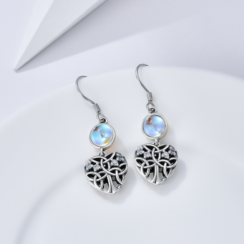 Sterling Silver Cubic Zirconia Moonstone Tree Of Life And Heart Drop Earrings For Women-3