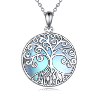 Sterling Silver Circular Shaped Moonstone Tree Of Life Pendant Necklace-14