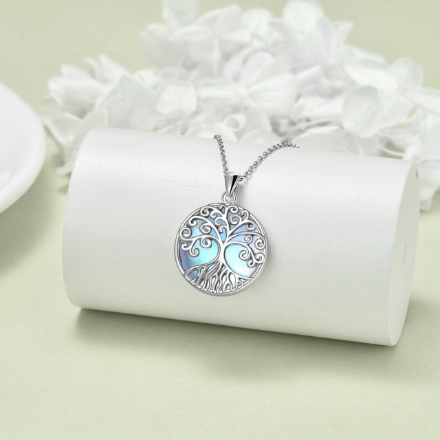 Sterling Silver Circular Shaped Moonstone Tree Of Life Pendant Necklace-3