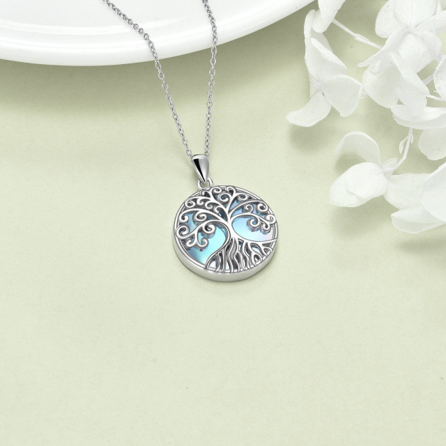 Sterling Silver Circular Shaped Moonstone Tree Of Life Pendant Necklace-4