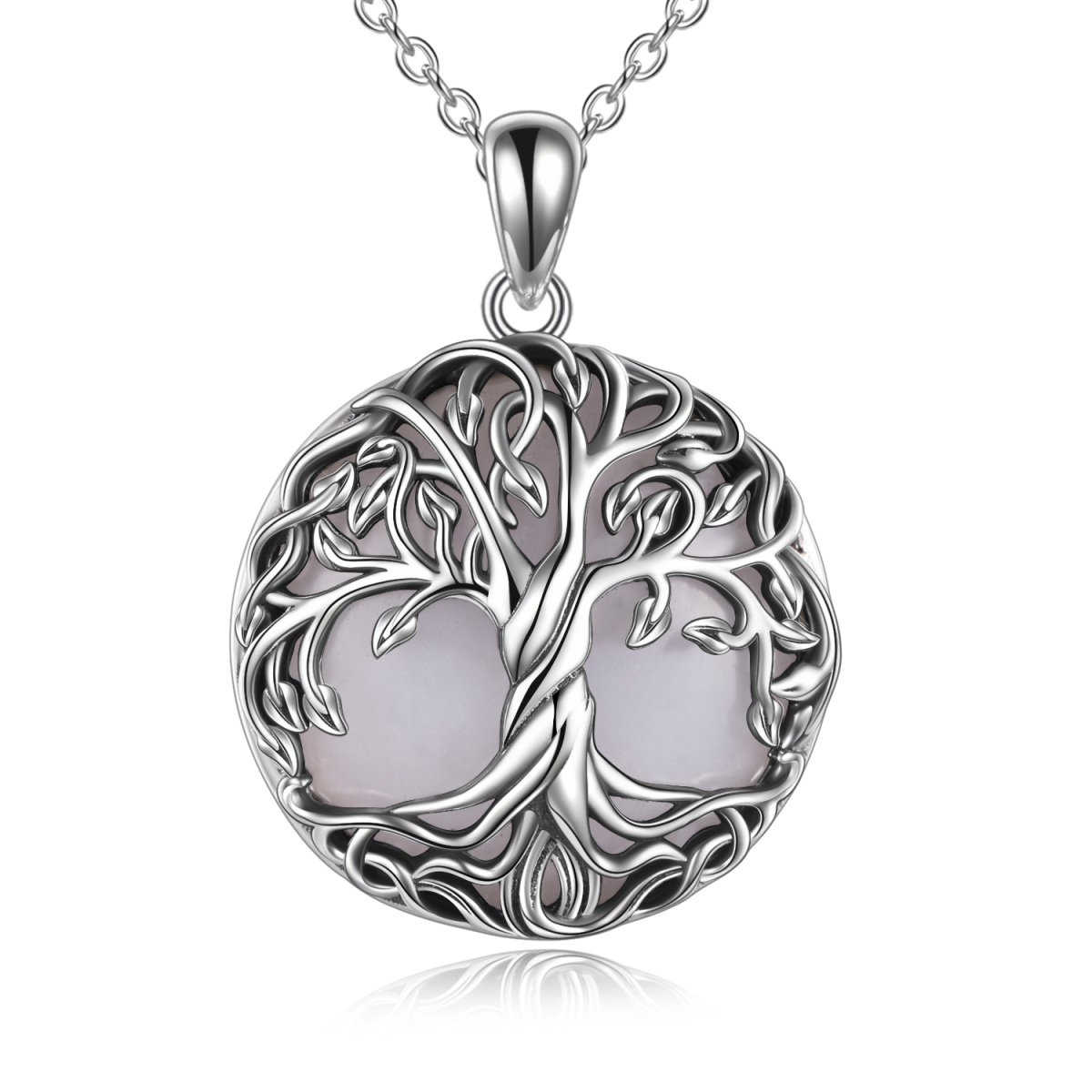 Collar colgante de plata de ley con forma circular de piedra de luna Árbol de la vida-1