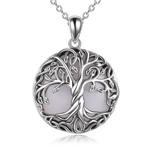 Sterling Silver Circular Shaped Moonstone Tree Of Life Pendant Necklace-1