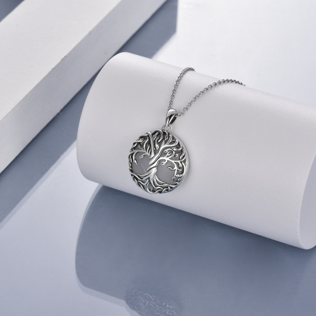 Sterling Silver Circular Shaped Moonstone Tree Of Life Pendant Necklace-4