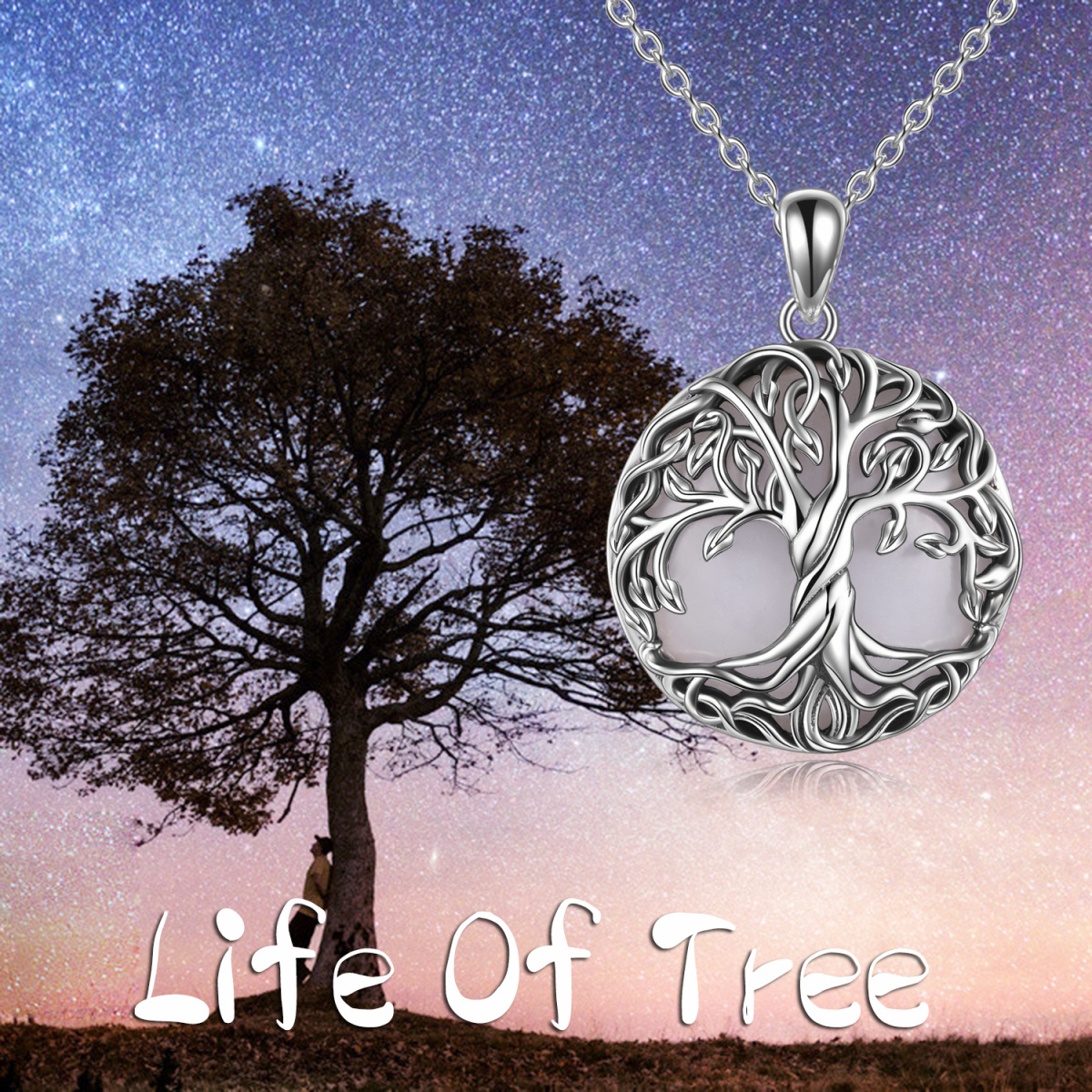 Sterling Silver Circular Shaped Moonstone Tree Of Life Pendant Necklace-6