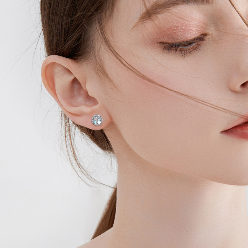 Sterling zilveren rond gevormde maansteen levensboom oorbellen-2