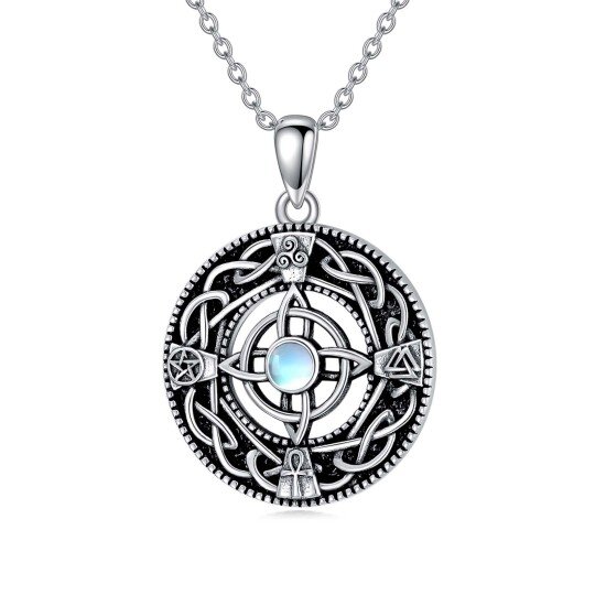 Sterling Silver Circular Shaped Moonstone Triforce Celtic Knot Pendant Necklace