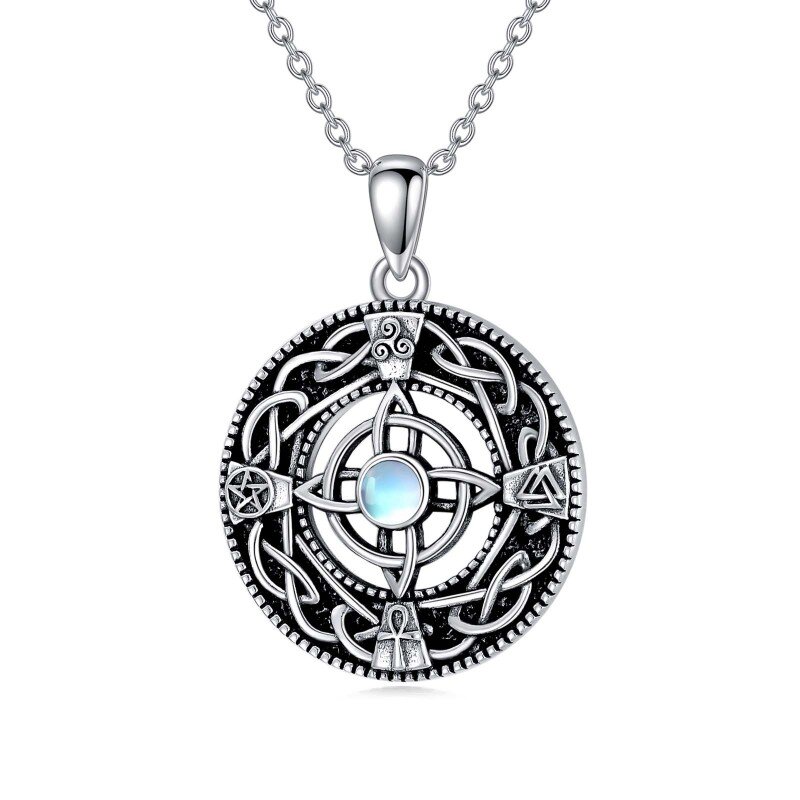 Sterling Silver Circular Shaped Moonstone Triforce Celtic Knot Pendant Necklace-7