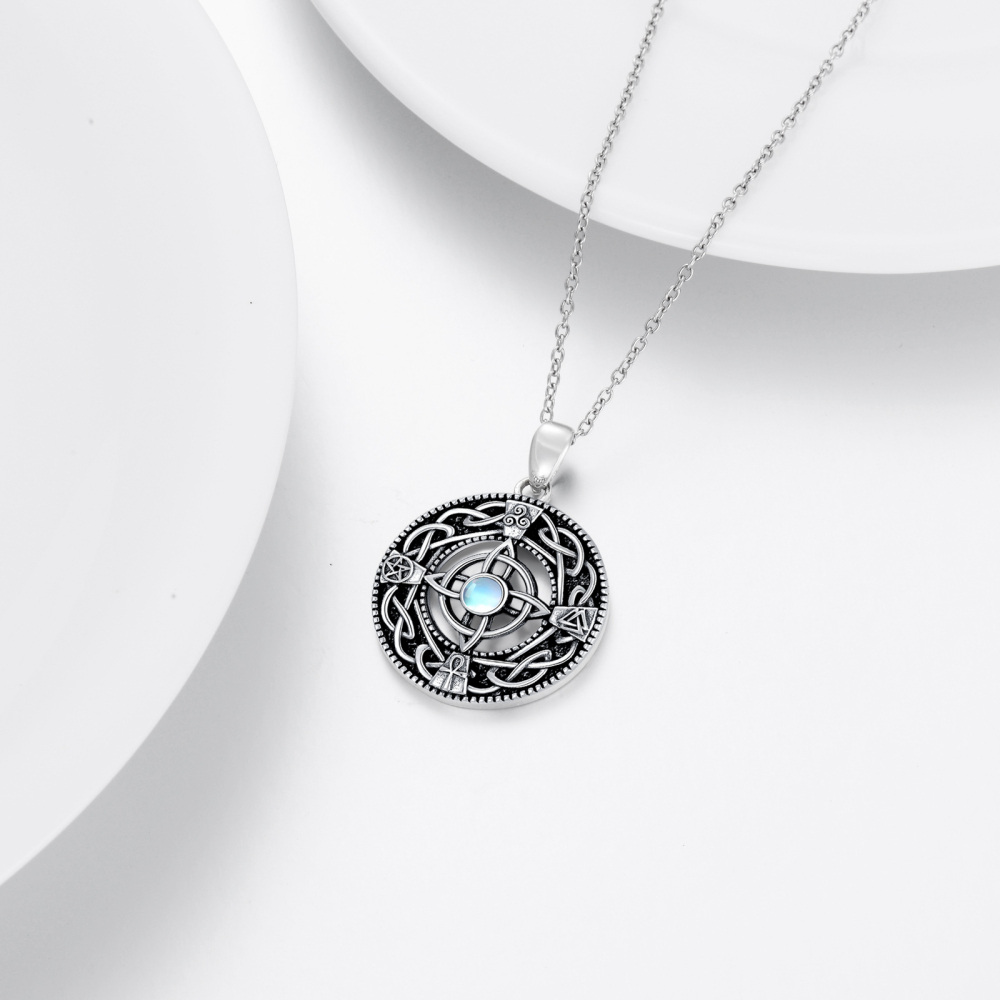 Sterling Silber kreisförmig Mondstein Triforce keltischen Knoten Anhänger Halskette-4