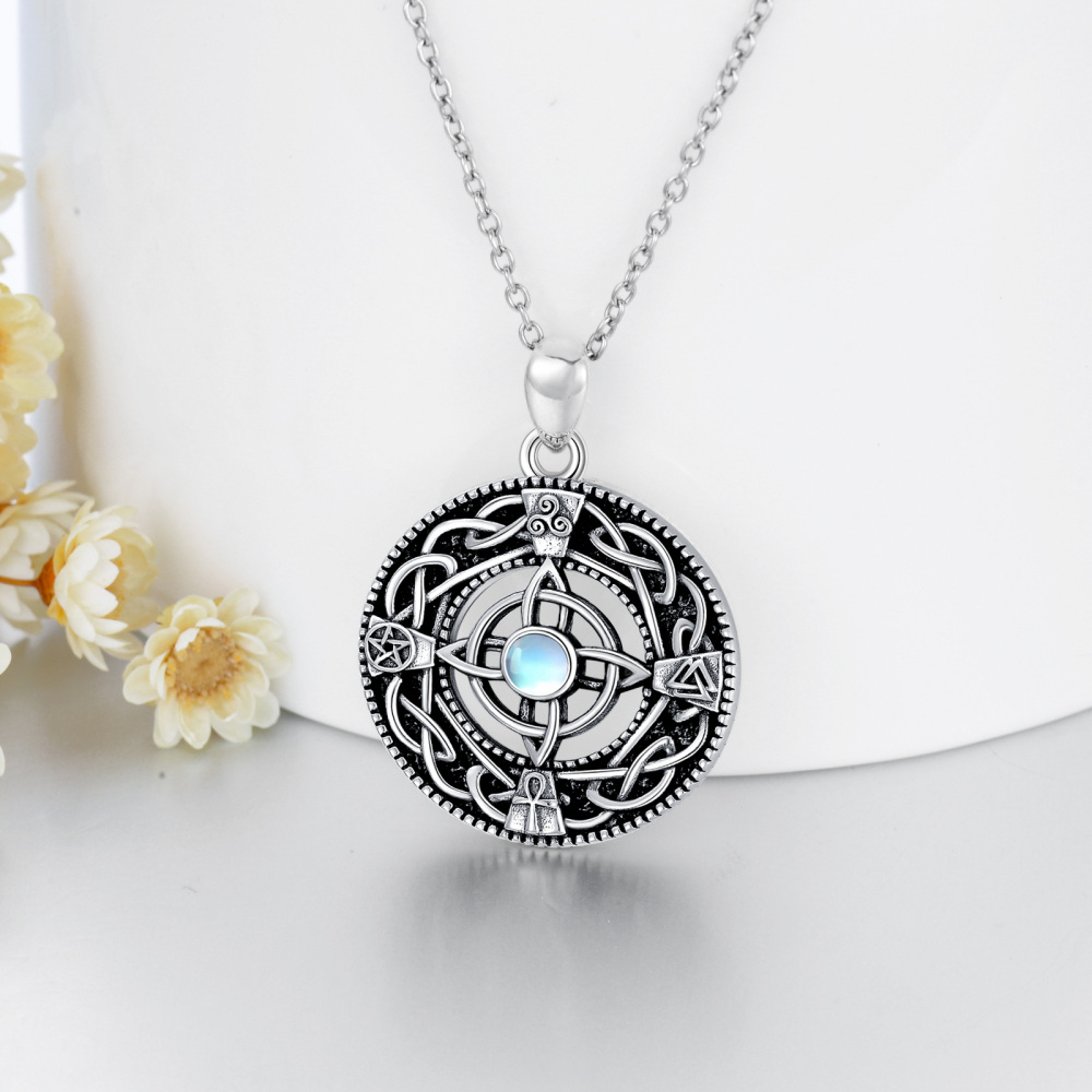Sterling Silber kreisförmig Mondstein Triforce keltischen Knoten Anhänger Halskette-5