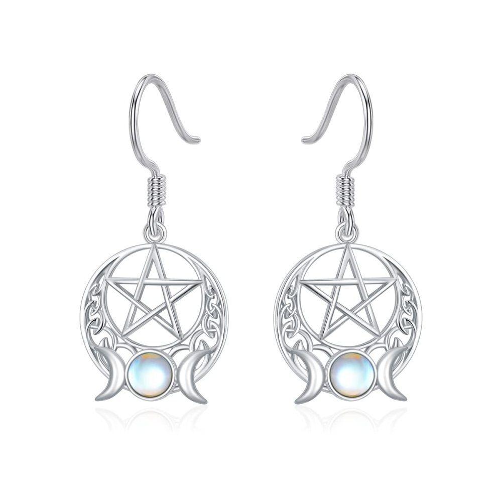 Sterling Silver Circular Shaped Moonstone Triple Moon Goddess Drop Earrings-1