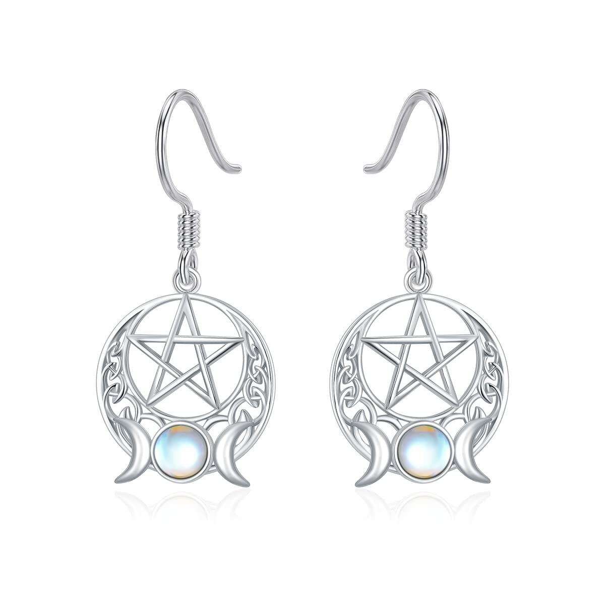 Sterling Silver Circular Shaped Moonstone Triple Moon Goddess Drop Earrings-1