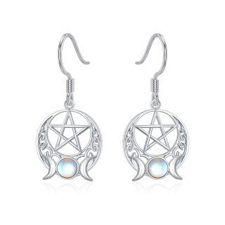 Sterling Silver Circular Shaped Moonstone Triple Moon Goddess Drop Earrings-8