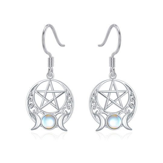 Sterling Silver Circular Shaped Moonstone Triple Moon Goddess Drop Earrings