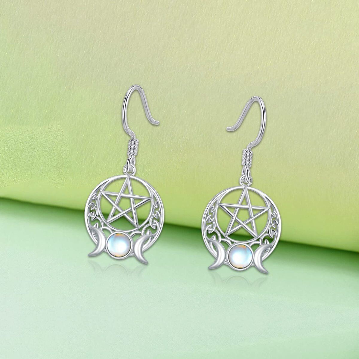 Sterling Silver Circular Shaped Moonstone Triple Moon Goddess Drop Earrings-5