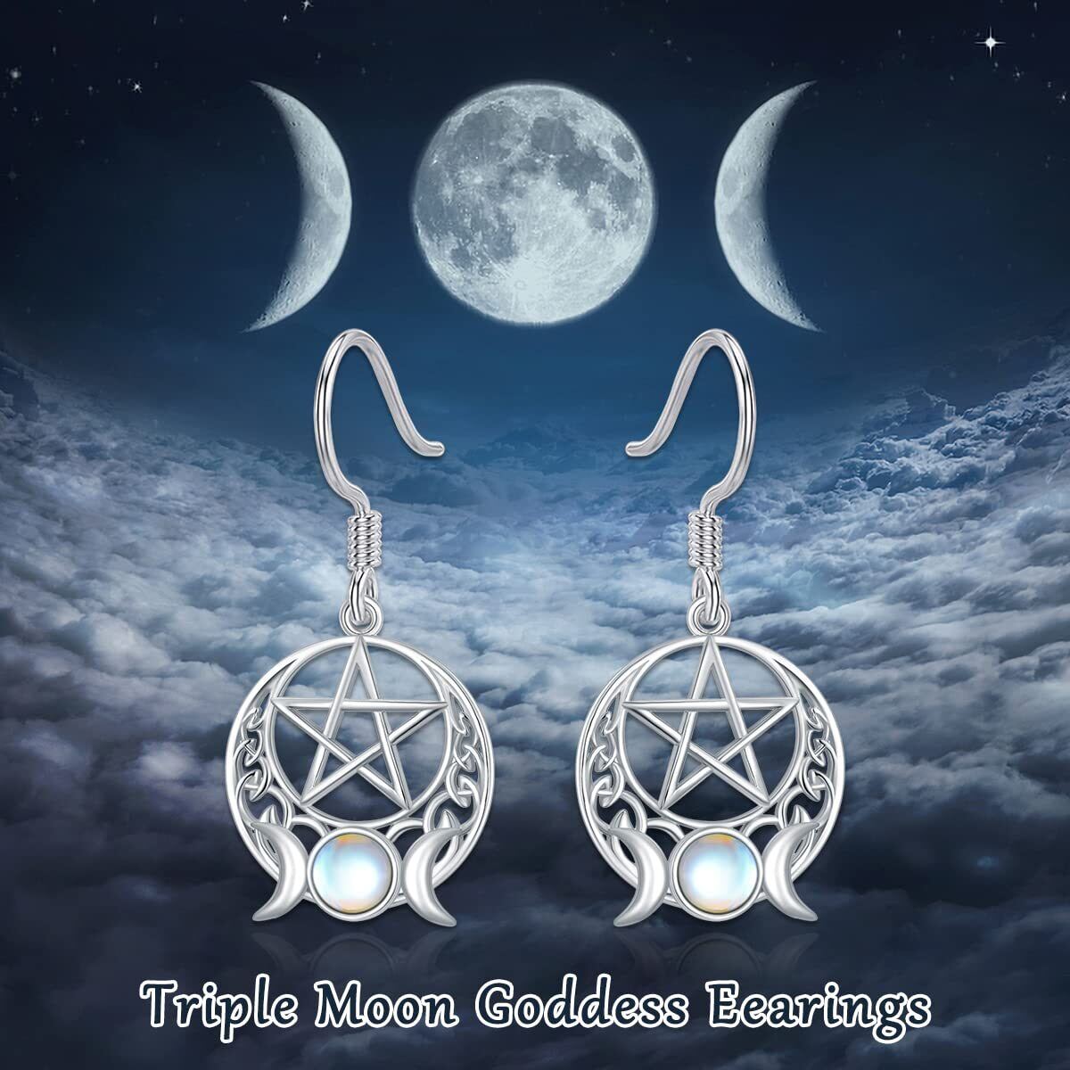 Sterling Silver Circular Shaped Moonstone Triple Moon Goddess Drop Earrings-6