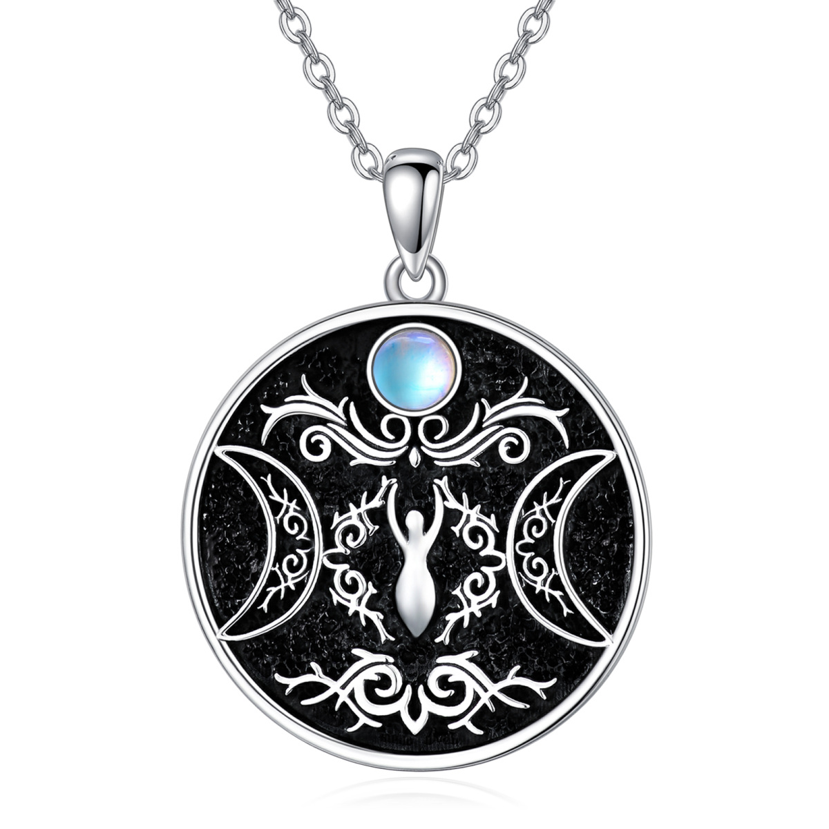 Plata de ley en forma circular Moonstone Triple Luna Diosa Collar Colgante-1