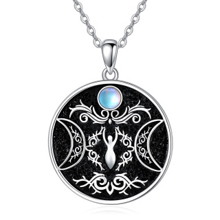 Sterling Silver Circular Shaped Moonstone Triple Moon Goddess Pendant Necklace-3