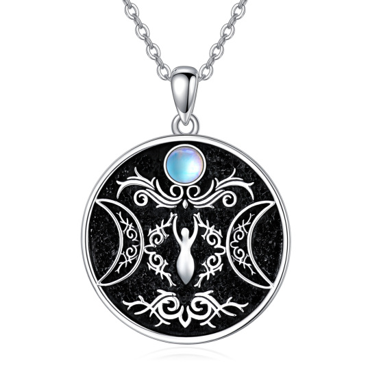 Sterling Silver Circular Shaped Moonstone Triple Moon Goddess Pendant Necklace