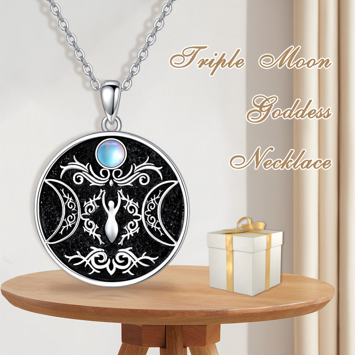 Plata de ley en forma circular Moonstone Triple Luna Diosa Collar Colgante-6