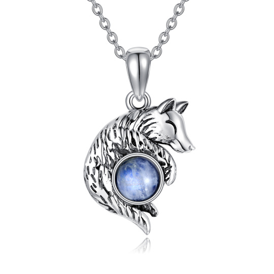 Sterling Silver Circular Shaped Moonstone Wolf Pendant Necklace