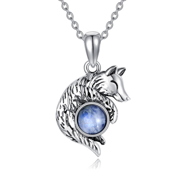 Sterling Silver Circular Shaped Moonstone Wolf Pendant Necklace-5