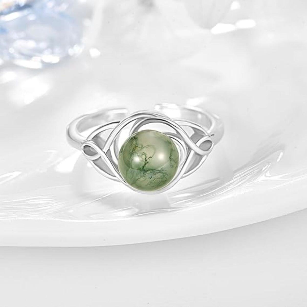 Bague ouverte en argent sterling avec nœud celtique en agate mousse de forme circulaire-3