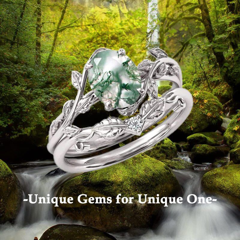 Sterling Silver Round Shaped Moss Agate Couple Engagement Ring-3
